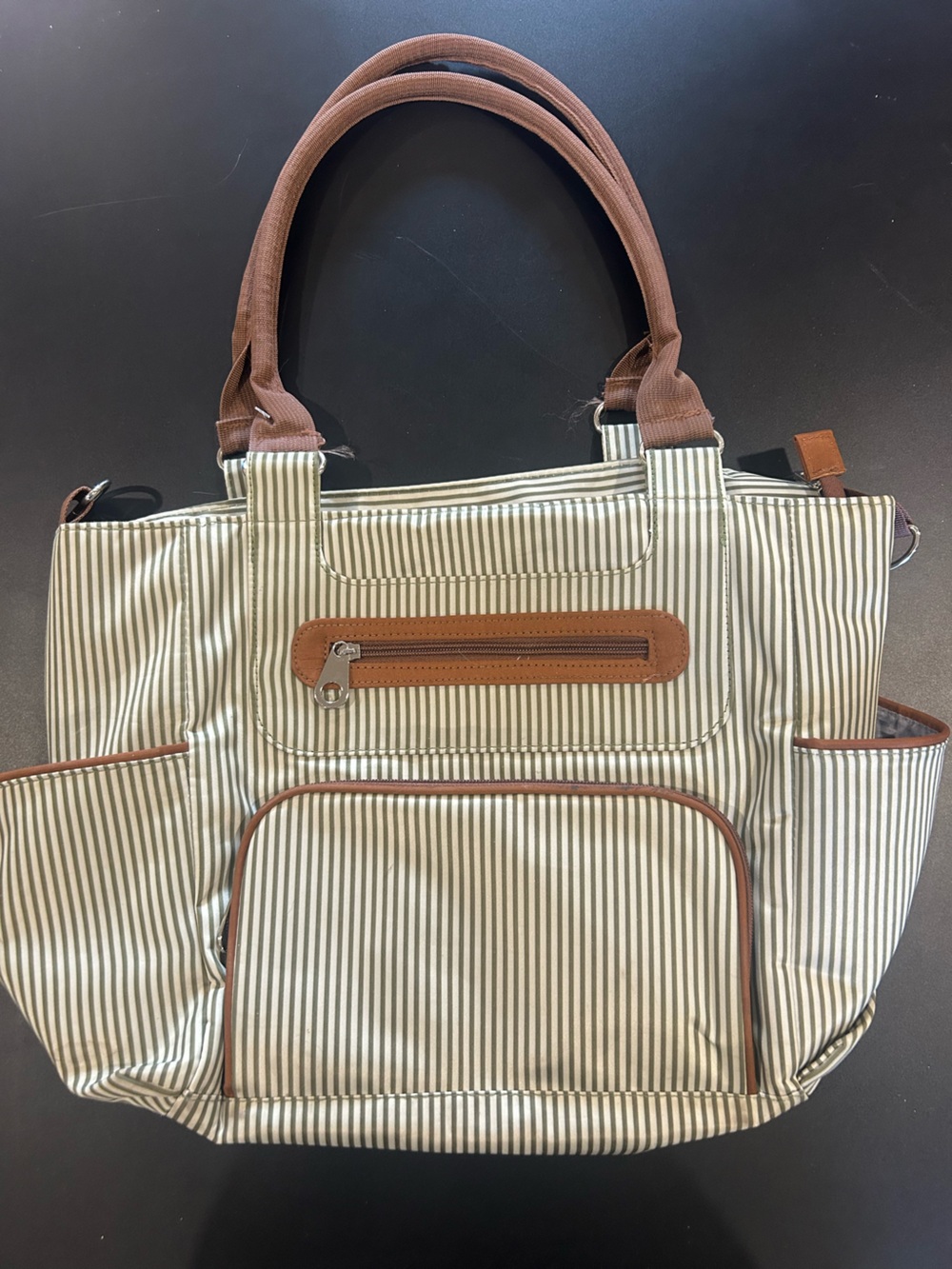 Green Striped Diaper Bag with Brown Trim
